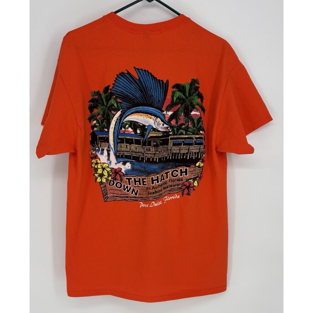 Down The Hatch Seafood Restaurant Ponce Inlet FL Mens L Sailfish T Shirt Orange